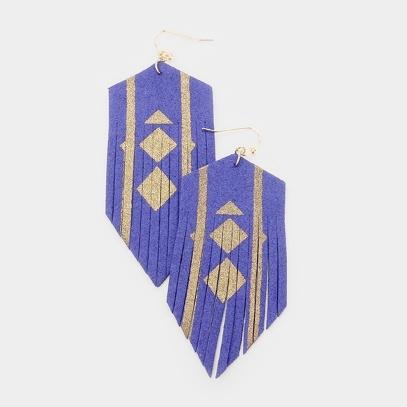 NEW Boho Southwestern Blue Gold Cut Suede Fringe Dangle Earrings - Picture 1 of 8